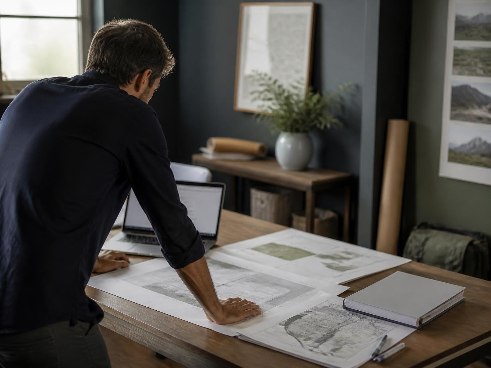Construction project manager reviewing drawings and job information at his desk.