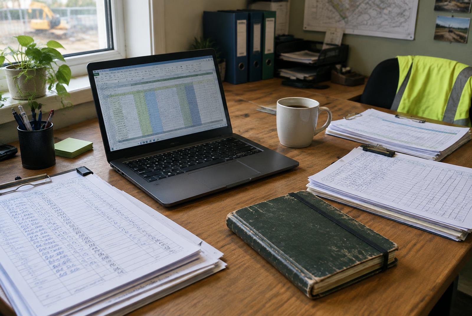 Construction office desk with a laptop spreadsheet, handwritten timesheets, delivery paperwork and a site diary.