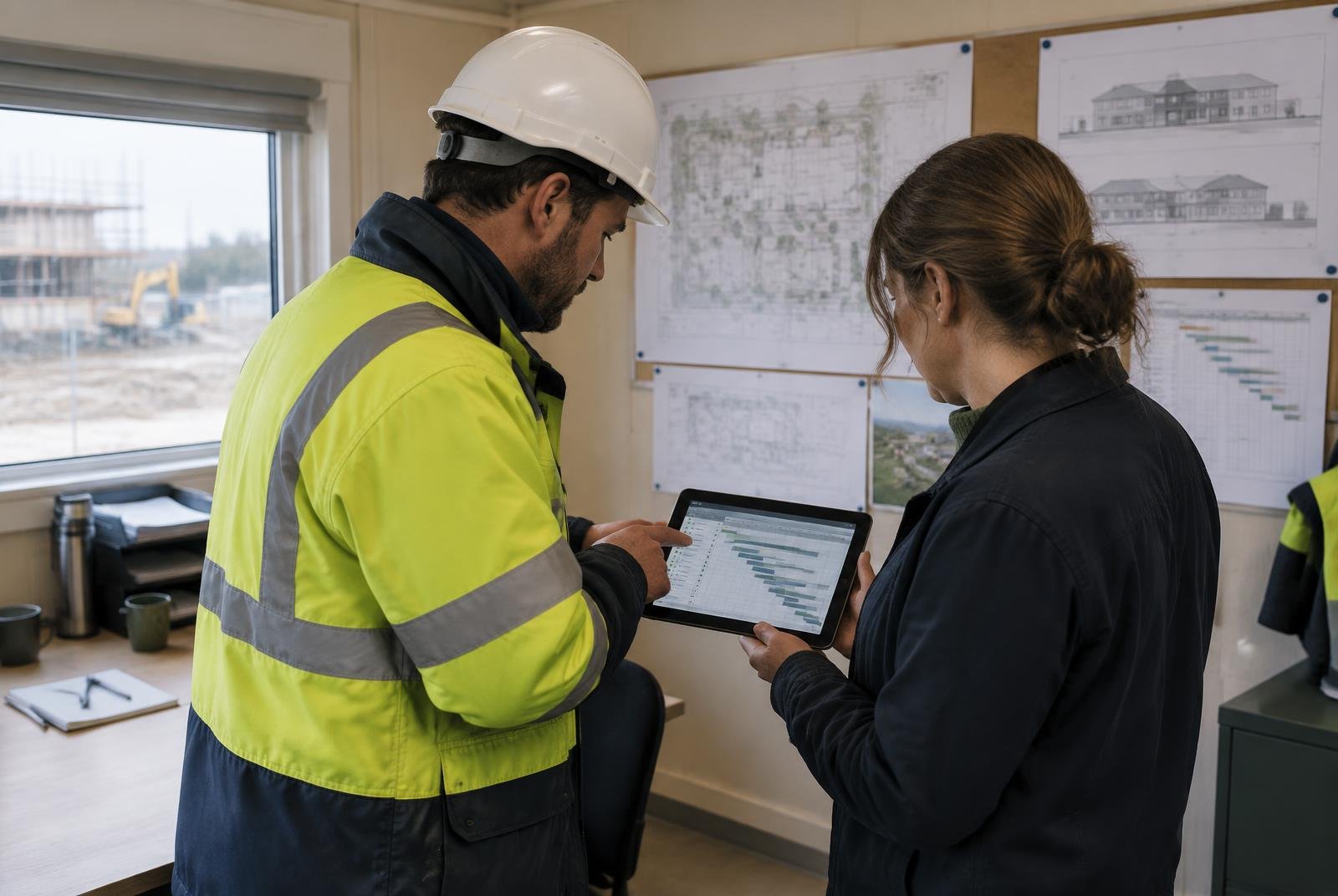 Site lead and office manager reviewing a digital job schedule together inside a construction site cabin.